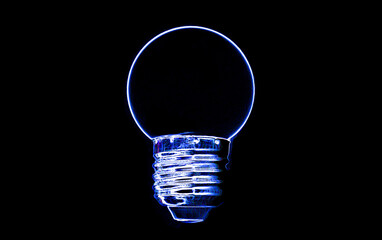 Lamp bulb blue neon line on black background.Lamp neon concept                                                                               