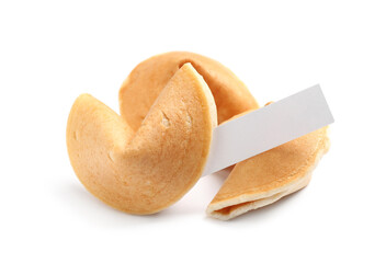 Traditional fortune cookies with prediction on white background