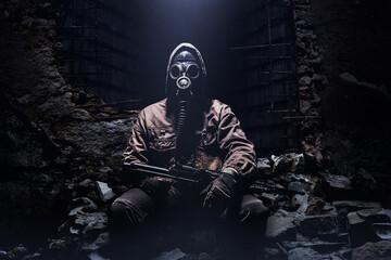 Photo of a stalker warrior with rifle and soviet protective rubber gas mask sitting on ruins on...