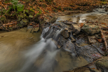 Cascade and creek Bystricka near Bystrice pod Hostynem town in east Moravia