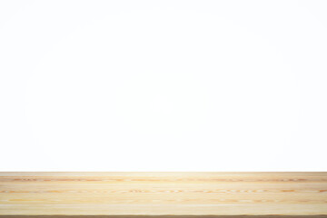 Empty wooden table top with white background, mock up