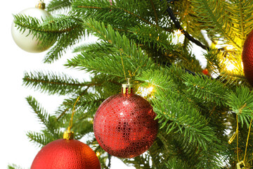 Obraz na płótnie Canvas Beautiful decorated Christmas tree on white background, closeup