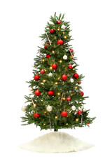 Beautiful decorated Christmas tree with skirt on white background