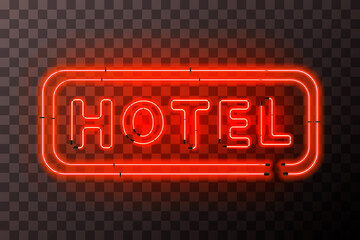 Bright red neon hotel sign board with rectangle frame on transparent - 396405273