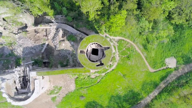 Bologa, Cluj/Romania-05.20.2019-Aerial view over Bologa fortress-a settlement from the time of the Roman Empire when it was called Resculum.The fortress is in the process of renovation with EU fonds