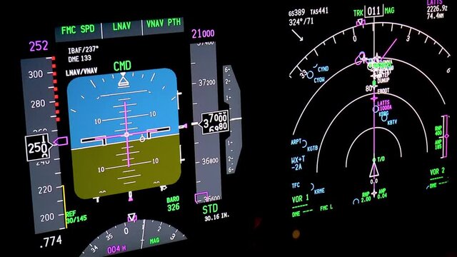 Aircraft flight instruments at night, actual aerial footage. Flight instruments panel of a modern passenger airplane flying at night.  Aircraft begins its descent after cruising at 37000 feet.