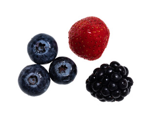 Detailed top view of 3 sorts of fruit, isolated on a white background