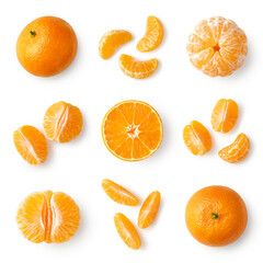 Set of fresh whole, peeled and sliced mandarin, tangerine or clementine