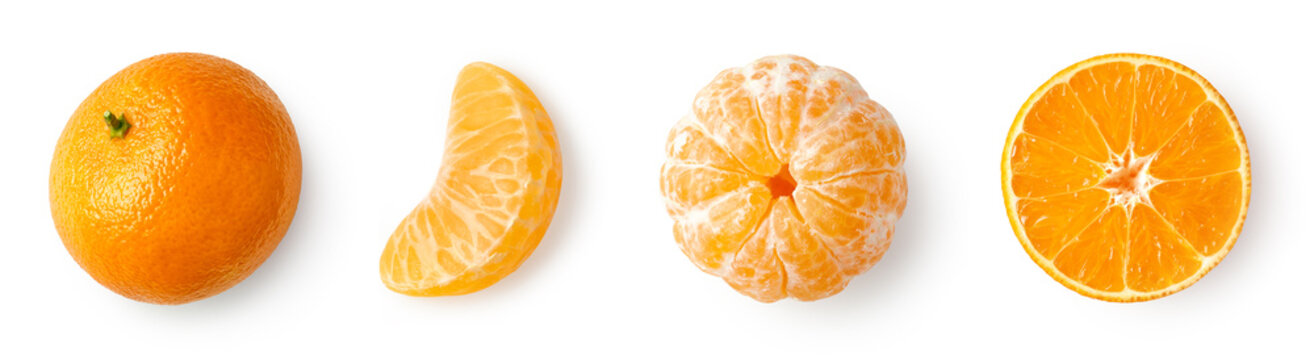 Fresh ripe whole and sliced mandarin, tangerine or clementine