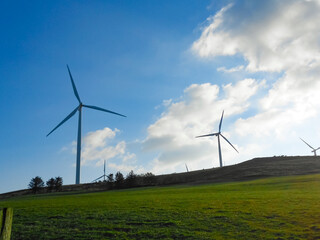 Fototapeta na wymiar Windmills for electric power production. Green technology landscape.