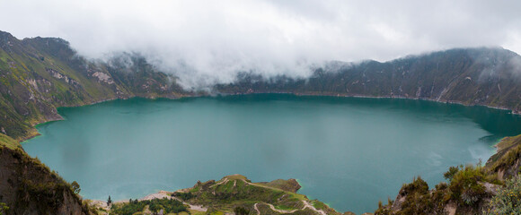
beautiful panoramic landscape lake inside crater, quilotoa, ecuador