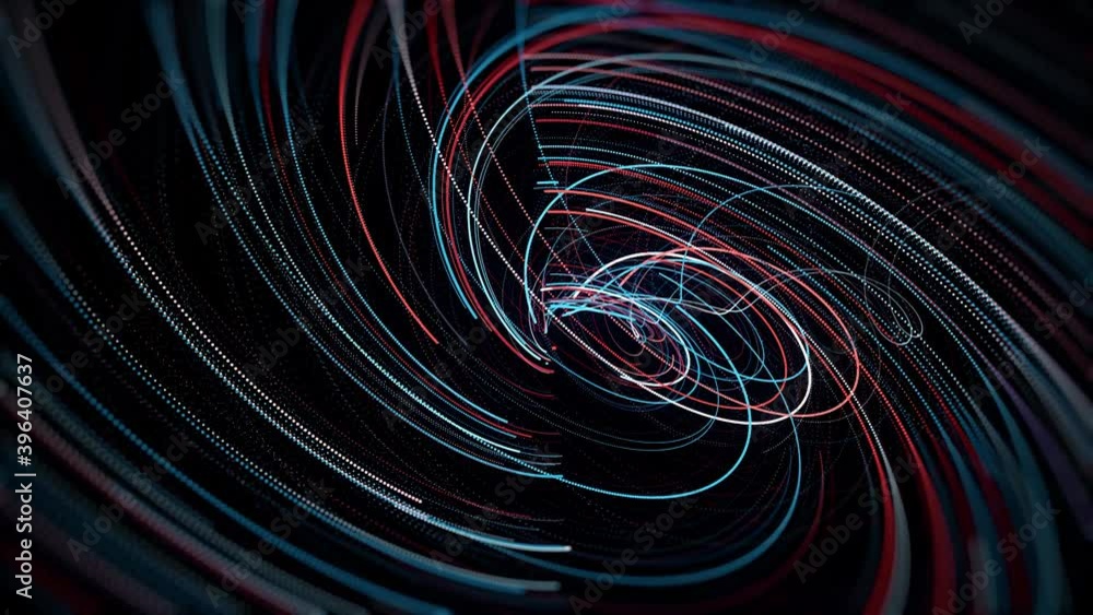 Poster spiral swirl of neon lines on black background. animation. neon lines move at speed creating spiral.