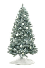 Decorated Christmas tree with faux fur skirt isolated on white