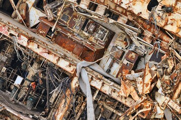 Details of a sunken shipwreck hull with rusty structure