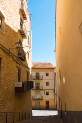Morella street. Historic walled city, preserved typical medieval village on top of a rock. One of the most beautiful places to visit in Spain. Maestrat region, Castellon province, Spain.