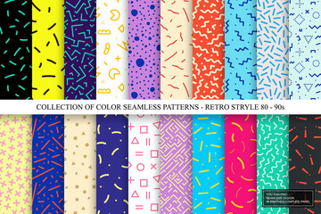 Collection of colorful seamless vibrant patterns. Fashion retro design 80-90s. Bright stylish textures. You can find repeatable backgrounds in swatches panel