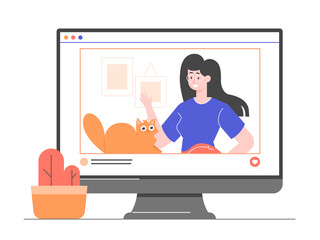 Girl character and her cat on the monitor screen. Remote work and blogging. The training course or tutorial on the Internet. Video blog from an influencer. Vector flat illustration.