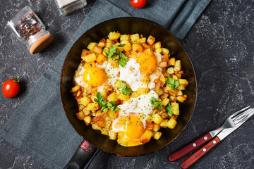 Potato hash with eggs and herbs for breakfast on black stone background