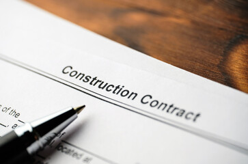 Obraz premium Legal document Construction Contract on paper with pen