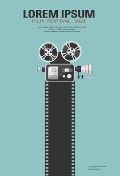 Vintage Movie Projector Or Camcorder With Black Filmstrip. Cinema Movie Festival Poster. Cinema Background With Place For Text. Film Design For Festival, Banner, Flyer, Leaflet, Brochure, Poster.