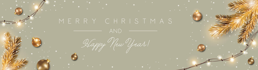 Merry Christmas and Happy New Year Background with golden ornaments and holiday lights