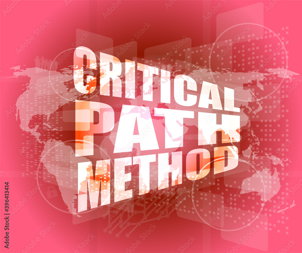 Poster critical path method words on digital screen with world map