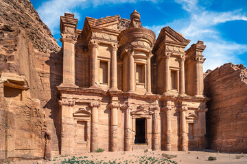 View of abandoned Ad Deir monastery treasury in Petra UNESCO heritage site, Jordan