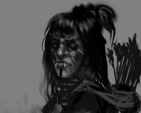 digital painting of a tribal orc character with arrow sling on her back - fantasy illustration