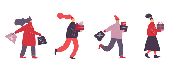 Women running after shopping with gifts and bags isolated on white background. Winter sales. Vector illustration. Christmas shopping concept.
