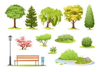Forest and park trees vector illustration. Cartoon various green summer deciduous and evergreen trees, bushes with flowers, fern and park or garden wooden bench, landscape collection isolated on white