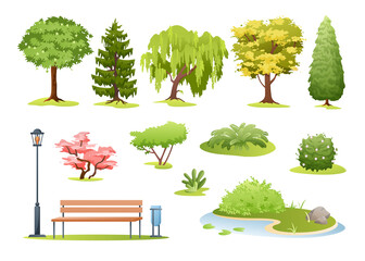 Forest and park trees vector illustration. Cartoon various green summer deciduous and evergreen trees, bushes with flowers, fern and park or garden wooden bench, landscape collection isolated on white © Natalia