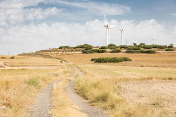 wind turbines farm (Renewable Energy) on a summer landscape next to Tarazona, province of Zaragoza, Aragon, Spain