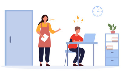 Problems in family concept. Mother and son quarrel. Conflict between parent and child. Woman screaming on lazy boy who playing on computer. Cartoon vector illustration isolated on white background