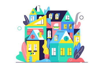 Modern town of houses in flat style, on top, isolated on white background, flat vector illustration