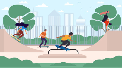 Happy teenage boys and girls or skateboarders riding skateboards at skatepark. Young men and women skateboarding and performing tricks on funboxes at skate park. Flat cartoon vector illustration. - obrazy, fototapety, plakaty