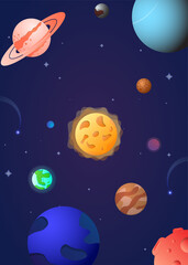 Naklejka premium Solar system, space with planets and asteroids. Science. Universe, space trip. Astronomy. Cartoon flat vector illustration
