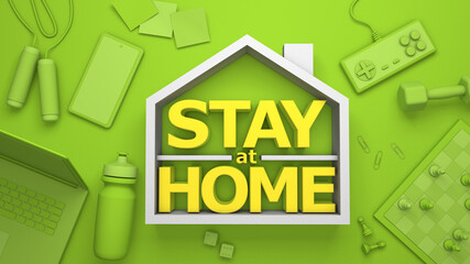Stay at home. Yellow inscription in the house symbol on a green background. Laptop, telephone, board games, storage equipment. 3d render