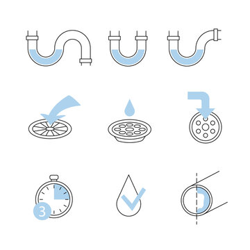 Plumbing Thin Line Icon Set. Clogged Pipe. Vector Illustration.