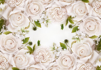 Obraz na płótnie Canvas White rose flowers frame, blooming pastel bridal festive background, soft bouquet floral card, toned 