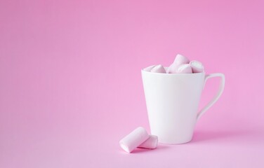 pink marshmallow in white cup on pink background. Christmas, mother's day, birthday card concept