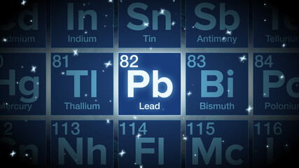 Fototapeta premium Close up of the Lead symbol in the periodic table, tech space environment.