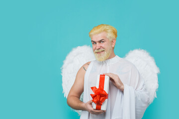 Bearded cupid with present box. Valentines day cupid. Angel with present-box. Cupid in valentine...