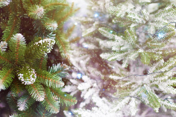 green Christmas trees in the snow with garlands on a background with falling snow