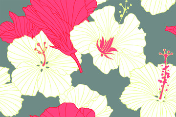 Seamless pattern with flowers of hibiscus. Red and white blossoms with yellow contours on gray. Repeating wallpaper. Hand-drawn plant outlines. Tropical trendy exotic floral background.