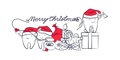 Horizontal Christmas banner with smiling teeth in a Santa Claus hat with a gift, mistletoe, and floss. Holiday symbols, dental new year card, design element for greetings or invitations.