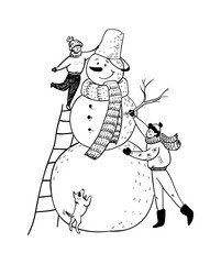 A hand-drawn doodle snowman built by a father and son. A boy standing on the stairs puts a bucket on the head of a snowman. Dad helps his son winter fun. Vector stock illustration.