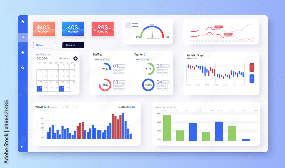 Fototapete dashboard ui. statistic graphs, data charts and diagrams infographic template. user admin panel temp