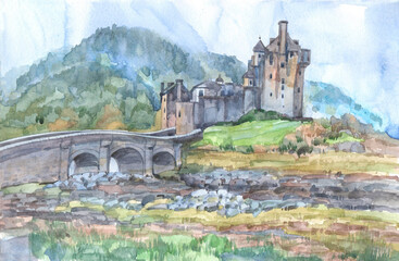 Eilean Donnain Castle in Scotland on a summer day, watercolor drawing of an historic Scottish castle.