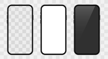 Set of realistic new mobile phones with transparent screens.Telephone set. Set realistic smartphone. Flat cartoon design. Ideal for marketing, app design, ui and ux. Vector graphic illustration