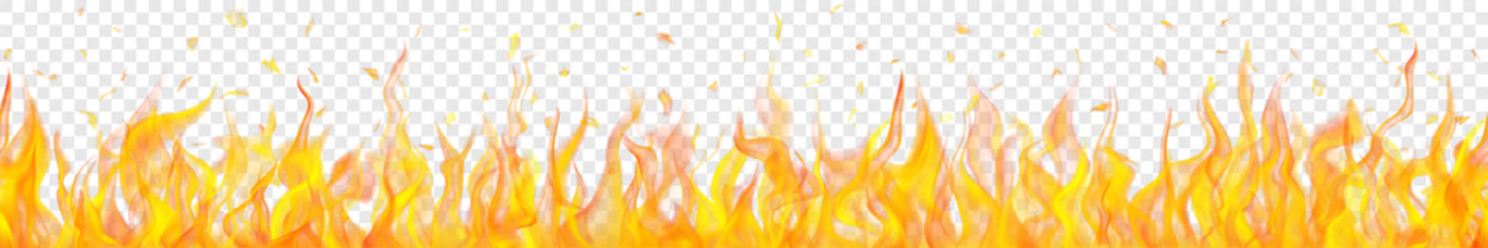 Baner of translucent fire flames and sparks with horizontal repetition on transparent background. For used on light illustrations. Transparency only in vector format